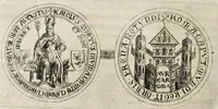 An illustration from Henrici Günteri Thülemarii ... Tractatio de Bulla Aurea, argentea, plumbea et cerea in genere, nec non in specie : de Aurea bulla Caroli IV imperatoris : Accedunt I. Textus Aureae bullae Caroli IV imper. anno 1356 Norimbergae & Metis sancitae ex autographo francofurtano fideliter descriptus. II. Copia MSti Aureae bullae Carolinae, quod in augustissima Bibliotheca vindobenensi invenitur ... III. & IV. Copiae duarum versionum germanicarum Aureae istius bullae, quae in dicta augustissima Bibliotheca caesarea & Curia francofurtana custodiuntur. V. Aurea bulla Andronici imperatoris constantinopolitani cum notis & addit. VI. Aurea bulla brabantina cum commentar. VII. Capitulatio Maximiliani II imperatoris ex originali, quod in serenissimi electoris palatini archivo adservatur, integra edita (1697)