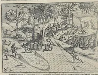 An illustration from Le second livre, journal ou comptoir, contenant le vray discours et narration historique, du voyage fait par les huit navires d'Amsterdam, au mois de mars l'an 1598, sous la conduite de l'admiral Iaques Cornille Nec, & du vice-admiral VVibrant de VVarvvic : de leur voyage & choses plus memorables eux audit voyage survenuës, de leur riche charge & sain retour ... : orné avec beaucoup de lames d'arain & cartes, joint leurs explications : aussi est icy adiousté un vocabulaire des mots françois, javans & malaites (1609)