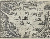 An illustration from Le second livre, journal ou comptoir, contenant le vray discours et narration historique, du voyage fait par les huit navires d'Amsterdam, au mois de mars l'an 1598, sous la conduite de l'admiral Iaques Cornille Nec, & du vice-admiral VVibrant de VVarvvic : de leur voyage & choses plus memorables eux audit voyage survenuës, de leur riche charge & sain retour ... : orné avec beaucoup de lames d'arain & cartes, joint leurs explications : aussi est icy adiousté un vocabulaire des mots françois, javans & malaites (1609)