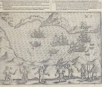 An illustration from Le second livre, journal ou comptoir, contenant le vray discours et narration historique, du voyage fait par les huit navires d'Amsterdam, au mois de mars l'an 1598, sous la conduite de l'admiral Iaques Cornille Nec, & du vice-admiral VVibrant de VVarvvic : de leur voyage & choses plus memorables eux audit voyage survenuës, de leur riche charge & sain retour ... : orné avec beaucoup de lames d'arain & cartes, joint leurs explications : aussi est icy adiousté un vocabulaire des mots françois, javans & malaites (1609)