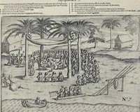 An illustration from Le second livre, journal ou comptoir, contenant le vray discours et narration historique, du voyage fait par les huit navires d'Amsterdam, au mois de mars l'an 1598, sous la conduite de l'admiral Iaques Cornille Nec, & du vice-admiral VVibrant de VVarvvic : de leur voyage & choses plus memorables eux audit voyage survenuës, de leur riche charge & sain retour ... : orné avec beaucoup de lames d'arain & cartes, joint leurs explications : aussi est icy adiousté un vocabulaire des mots françois, javans & malaites (1609)
