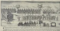 An illustration from Le second livre, journal ou comptoir, contenant le vray discours et narration historique, du voyage fait par les huit navires d'Amsterdam, au mois de mars l'an 1598, sous la conduite de l'admiral Iaques Cornille Nec, & du vice-admiral VVibrant de VVarvvic : de leur voyage & choses plus memorables eux audit voyage survenuës, de leur riche charge & sain retour ... : orné avec beaucoup de lames d'arain & cartes, joint leurs explications : aussi est icy adiousté un vocabulaire des mots françois, javans & malaites (1609)