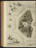 An illustration from Della architettvra militare del capitanio Francesco de' Marchi bolognese, gentil'hvomo romano, libri tre : nelli qvali si descrivono li veri modi del fortificare, che si vsa a' tempi moderni : con vn breve, et vtile trattato, nel quale si dimostrano li modi del fabricar l'artigliaria, & la prattica di adoperarla, da quelli che hanno carico di essa (1599)