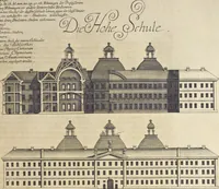 An illustration from Nicolai Goldmans Vollständige Anweisung zu der Civil-Bau-Kunst : in welcher nicht nur die fünff Ordnungen, samt den darzu gehörigen Fenster-Gesimsen, Kämpffern, Geländer-Dockeb und Bilderstühlen, auf eine neue und sonderbare leichte Art aufzureissen deutlich gewiesen, sondern zugleich getreulich entdecket wird ... (1708)