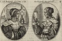 Picture 7 of 46 from Les abus du mariage, ou sont clairement representez les subtilitez deshonnestes, tant des femmes que des hommes, dont ils usent pour se tromper l'un l'autre. A cecy sont adjoustez quelques enseignemens pour corriger tels abus. Misbruick des houwelycx, waer in klaerlijck word uitgebeeldt de boosheden en loosheden zo wel tusschen mannen als vrouwen gepleeght, om malkander behendigh te bedriegen. Hier zijn bygevoeght eenige nutte en noodige leeringh, streckende tot verbeteringe der hedensdaeghsche bedorven huyshoudinge. The mistake off matrimonij, wherin is clearely set out the shamefull craftinesse as well by men, as women, pleading one against an other of their shamefull deceitfulnesse. Here is also by joyned some learned instructions to the amendement and reproouing of that filthinesse (1641), leaf 18