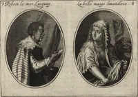 Picture 10 of 46 from Les abus du mariage, ou sont clairement representez les subtilitez deshonnestes, tant des femmes que des hommes, dont ils usent pour se tromper l'un l'autre. A cecy sont adjoustez quelques enseignemens pour corriger tels abus. Misbruick des houwelycx, waer in klaerlijck word uitgebeeldt de boosheden en loosheden zo wel tusschen mannen als vrouwen gepleeght, om malkander behendigh te bedriegen. Hier zijn bygevoeght eenige nutte en noodige leeringh, streckende tot verbeteringe der hedensdaeghsche bedorven huyshoudinge. The mistake off matrimonij, wherin is clearely set out the shamefull craftinesse as well by men, as women, pleading one against an other of their shamefull deceitfulnesse. Here is also by joyned some learned instructions to the amendement and reproouing of that filthinesse (1641), leaf 22