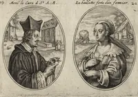 Picture 19 of 46 from Les abus du mariage, ou sont clairement representez les subtilitez deshonnestes, tant des femmes que des hommes, dont ils usent pour se tromper l'un l'autre. A cecy sont adjoustez quelques enseignemens pour corriger tels abus. Misbruick des houwelycx, waer in klaerlijck word uitgebeeldt de boosheden en loosheden zo wel tusschen mannen als vrouwen gepleeght, om malkander behendigh te bedriegen. Hier zijn bygevoeght eenige nutte en noodige leeringh, streckende tot verbeteringe der hedensdaeghsche bedorven huyshoudinge. The mistake off matrimonij, wherin is clearely set out the shamefull craftinesse as well by men, as women, pleading one against an other of their shamefull deceitfulnesse. Here is also by joyned some learned instructions to the amendement and reproouing of that filthinesse (1641), leaf 34
