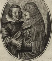 An illustration from Les abus du mariage, ou sont clairement representez les subtilitez deshonnestes, tant des femmes que des hommes, dont ils usent pour se tromper l'un l'autre. A cecy sont adjoustez quelques enseignemens pour corriger tels abus. Misbruick des houwelycx, waer in klaerlijck word uitgebeeldt de boosheden en loosheden zo wel tusschen mannen als vrouwen gepleeght, om malkander behendigh te bedriegen. Hier zijn bygevoeght eenige nutte en noodige leeringh, streckende tot verbeteringe der hedensdaeghsche bedorven huyshoudinge. The mistake off matrimonij, wherin is clearely set out the shamefull craftinesse as well by men, as women, pleading one against an other of their shamefull deceitfulnesse. Here is also by joyned some learned instructions to the amendement and reproouing of that filthinesse (1641)