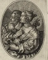 An illustration from Les abus du mariage, ou sont clairement representez les subtilitez deshonnestes, tant des femmes que des hommes, dont ils usent pour se tromper l'un l'autre. A cecy sont adjoustez quelques enseignemens pour corriger tels abus. Misbruick des houwelycx, waer in klaerlijck word uitgebeeldt de boosheden en loosheden zo wel tusschen mannen als vrouwen gepleeght, om malkander behendigh te bedriegen. Hier zijn bygevoeght eenige nutte en noodige leeringh, streckende tot verbeteringe der hedensdaeghsche bedorven huyshoudinge. The mistake off matrimonij, wherin is clearely set out the shamefull craftinesse as well by men, as women, pleading one against an other of their shamefull deceitfulnesse. Here is also by joyned some learned instructions to the amendement and reproouing of that filthinesse (1641)
