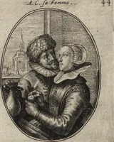 Picture 37 of 46 from Les abus du mariage, ou sont clairement representez les subtilitez deshonnestes, tant des femmes que des hommes, dont ils usent pour se tromper l'un l'autre. A cecy sont adjoustez quelques enseignemens pour corriger tels abus. Misbruick des houwelycx, waer in klaerlijck word uitgebeeldt de boosheden en loosheden zo wel tusschen mannen als vrouwen gepleeght, om malkander behendigh te bedriegen. Hier zijn bygevoeght eenige nutte en noodige leeringh, streckende tot verbeteringe der hedensdaeghsche bedorven huyshoudinge. The mistake off matrimonij, wherin is clearely set out the shamefull craftinesse as well by men, as women, pleading one against an other of their shamefull deceitfulnesse. Here is also by joyned some learned instructions to the amendement and reproouing of that filthinesse (1641), leaf 60