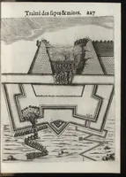 Picture 23 of 27 from Pratique de la guerre : contenant l'vsage de l'artillerie, bombes et mortiers, feux artificiels & petards, sappes & mines, ponts & pontons, tranchées & trauaux, auec l'ordre des assauts aux breches : ensemble vn traité des feux de joye (1650), leaf 244