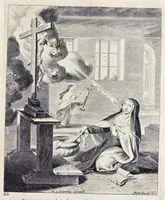 Picture 19 of 36 from Vitae S. Eliae prophetae, S. Mariae Magdalenae de Pazzi & S. Alberti Ordinis Beatissimae Virginis Mariae de Monte Carmelo, iconibus expressae quibus 40 aliae pulcherrimae ejusdem Ordinis sanctorum sanctarumque adjunctae sunt, leaf 164