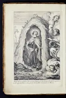 An illustration from Vitae S. Eliae prophetae, S. Mariae Magdalenae de Pazzi & S. Alberti Ordinis Beatissimae Virginis Mariae de Monte Carmelo, iconibus expressae quibus 40 aliae pulcherrimae ejusdem Ordinis sanctorum sanctarumque adjunctae sunt