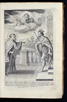 An illustration from Vitae S. Eliae prophetae, S. Mariae Magdalenae de Pazzi & S. Alberti Ordinis Beatissimae Virginis Mariae de Monte Carmelo, iconibus expressae quibus 40 aliae pulcherrimae ejusdem Ordinis sanctorum sanctarumque adjunctae sunt