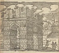 An illustration from Roma ricercata nel suo sito : con tutte le curiosità, che in essa si ritrouano, tanto antiche, come moderne, cioè chiese, monasterij, hospidali, collegij, seminarij, tempij, teatri, anfiteatri, naumachie, cerchi, fori, curie, palazzi, e statue, librarie, musei, pitture, sculture, & i nomi degl' artefici (1693)