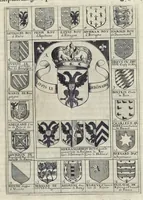 An illustration from Aquila inter lilia, sub qua Francorum Caesarum a Carolo Magno vsque ad Conradum Imperatorem Occidentis X. elogiis, hieroglyphicis, numismatibus, insignibus, symbolis, fasta exarantur : opus omnibus absolutum númeris, vt hodiernis veteres locupletati annales cuiuslibet herois, cuius facinora inclusum thema exornant, vitam, effigiem, hieroglyphicum, symbola exhibeant (1671)