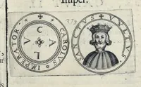 An illustration from Aquila inter lilia, sub qua Francorum Caesarum a Carolo Magno vsque ad Conradum Imperatorem Occidentis X. elogiis, hieroglyphicis, numismatibus, insignibus, symbolis, fasta exarantur : opus omnibus absolutum númeris, vt hodiernis veteres locupletati annales cuiuslibet herois, cuius facinora inclusum thema exornant, vitam, effigiem, hieroglyphicum, symbola exhibeant (1671)