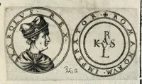 An illustration from Aquila inter lilia, sub qua Francorum Caesarum a Carolo Magno vsque ad Conradum Imperatorem Occidentis X. elogiis, hieroglyphicis, numismatibus, insignibus, symbolis, fasta exarantur : opus omnibus absolutum númeris, vt hodiernis veteres locupletati annales cuiuslibet herois, cuius facinora inclusum thema exornant, vitam, effigiem, hieroglyphicum, symbola exhibeant (1671)