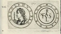 An illustration from Aquila inter lilia, sub qua Francorum Caesarum a Carolo Magno vsque ad Conradum Imperatorem Occidentis X. elogiis, hieroglyphicis, numismatibus, insignibus, symbolis, fasta exarantur : opus omnibus absolutum númeris, vt hodiernis veteres locupletati annales cuiuslibet herois, cuius facinora inclusum thema exornant, vitam, effigiem, hieroglyphicum, symbola exhibeant (1671)