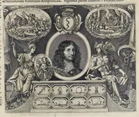 An illustration from Aquila inter lilia, sub qua Francorum Caesarum a Carolo Magno vsque ad Conradum Imperatorem Occidentis X. elogiis, hieroglyphicis, numismatibus, insignibus, symbolis, fasta exarantur : opus omnibus absolutum númeris, vt hodiernis veteres locupletati annales cuiuslibet herois, cuius facinora inclusum thema exornant, vitam, effigiem, hieroglyphicum, symbola exhibeant (1671)