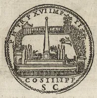 An illustration from Ritratto di Roma antica : formato nuouamente : con le auttorità, di Bartolomeo Marliani, del P. Alessandro Donati, di Famiano Nardini, e d'altri celebri antiquarij, accennati nell' epistola al lettore : nel quale, si descriuono gli archi, aquedotti, basiliche ... & altri edificij Romani : adornato di moltissime figure in rame, di varie medaglie, e di curiose notitie istoriche (1689)