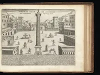 An illustration from Roma vetus et noua : aedificia eius praecipua suisquaeque locis, vt Capitolium, templa, amphitheatra, theatra, circi, naumachia, arcus triumphales, curiae, basilica, columnae, obelisci, palatia, thermae, hippodromi, aquaeducus, horti seu nemora, festa varia, venationes in theat[r]is, colossi, funebria, relationes in numeru[um] falsor[um] deoru[m], imperator[um], funera, sacrificia antiqua .. (1615)