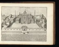An illustration from Roma vetus et noua : aedificia eius praecipua suisquaeque locis, vt Capitolium, templa, amphitheatra, theatra, circi, naumachia, arcus triumphales, curiae, basilica, columnae, obelisci, palatia, thermae, hippodromi, aquaeducus, horti seu nemora, festa varia, venationes in theat[r]is, colossi, funebria, relationes in numeru[um] falsor[um] deoru[m], imperator[um], funera, sacrificia antiqua .. (1615)