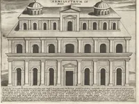 An illustration from Roma vetus et noua : aedificia eius praecipua suisquaeque locis, vt Capitolium, templa, amphitheatra, theatra, circi, naumachia, arcus triumphales, curiae, basilica, columnae, obelisci, palatia, thermae, hippodromi, aquaeducus, horti seu nemora, festa varia, venationes in theat[r]is, colossi, funebria, relationes in numeru[um] falsor[um] deoru[m], imperator[um], funera, sacrificia antiqua .. (1615)