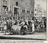 Picture 3 of 34 from Beschryvinge van Amsterdam : zynde een naukeurige verhandelinge van desselfs eerste oorspruk uyt den huyse der heeren van Amstel, en Amstellant : haar vergrootingen, rykdom, en wyze van regeeringe, tot den jare 1691 : voor dezen uit verscheide oude historie-schryvers be eengesteld, en uytgegeven : en nu uit een meenigte van oude schriften, authentyke stukken, en met kopere afbeeldingen verciert, nooit voor desen gedruckt geweest, beschreven, en vermeerdert (1693), leaf 112