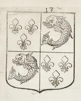 An illustration from La science heroique : traitant de la noblesse et de l'origine des armes, de leurs blasons & symboles : des timbres, bourlets, couronnes, cimiers, lambrequins, supports, tenans, & autres ornamens de l'ecu : de la devise & du cry de guerre, de l'ecu pendant, des pas & emprises des anciens chevaliers, & des formes differentes de leurs tombeaux : et enfin des marques exterieures de l'ecu de nos rois, des reines, enfans de France, & des officiers de la couronne, & de la maison du roy (1669)