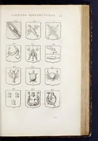 Picture 30 of 46 from La science heroique : traitant de la noblesse et de l'origine des armes, de leurs blasons & symboles : des timbres, bourlets, couronnes, cimiers, lambrequins, supports, tenans, & autres ornamens de l'ecu : de la devise & du cry de guerre, de l'ecu pendant, des pas & emprises des anciens chevaliers, & des formes differentes de leurs tombeaux : et enfin des marques exterieures de l'ecu de nos rois, des reines, enfans de France, & des officiers de la couronne, & de la maison du roy (1669), leaf 360