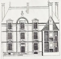 Picture 22 of 26 from The art of fair building: represented in the figures of several uprights of houses, with their ground-plots, fitting for persons of several qualities. Wherein is divided each room and office according to their most convenient occasion, with their heights, depths, lengths, and breadths according to proportion. With rules and directions for the placing of the doors, vvindows, chimnies, beds, stairs, and other conveniencies; with their just measures for the best advantage both of commodiousness, health, strength, and ornament. Also a description of the names and proportions of the members belonging to the framing of the timber-work, with directions and examples for the placing of them (1670), leaf 118