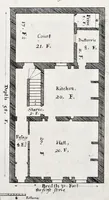 Picture 7 of 26 from The art of fair building: represented in the figures of several uprights of houses, with their ground-plots, fitting for persons of several qualities. Wherein is divided each room and office according to their most convenient occasion, with their heights, depths, lengths, and breadths according to proportion. With rules and directions for the placing of the doors, vvindows, chimnies, beds, stairs, and other conveniencies; with their just measures for the best advantage both of commodiousness, health, strength, and ornament. Also a description of the names and proportions of the members belonging to the framing of the timber-work, with directions and examples for the placing of them (1670), leaf 30