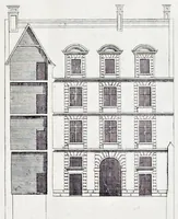 Picture 14 of 26 from The art of fair building: represented in the figures of several uprights of houses, with their ground-plots, fitting for persons of several qualities. Wherein is divided each room and office according to their most convenient occasion, with their heights, depths, lengths, and breadths according to proportion. With rules and directions for the placing of the doors, vvindows, chimnies, beds, stairs, and other conveniencies; with their just measures for the best advantage both of commodiousness, health, strength, and ornament. Also a description of the names and proportions of the members belonging to the framing of the timber-work, with directions and examples for the placing of them (1670), leaf 60