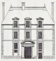 Picture 16 of 26 from The art of fair building: represented in the figures of several uprights of houses, with their ground-plots, fitting for persons of several qualities. Wherein is divided each room and office according to their most convenient occasion, with their heights, depths, lengths, and breadths according to proportion. With rules and directions for the placing of the doors, vvindows, chimnies, beds, stairs, and other conveniencies; with their just measures for the best advantage both of commodiousness, health, strength, and ornament. Also a description of the names and proportions of the members belonging to the framing of the timber-work, with directions and examples for the placing of them (1670), leaf 70