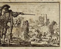 An illustration from Joh. Lodew. Gottfrieds Historische kronyck : vervattende een nauwkeurige en volkomene beschrijvingh der aldergedenckwaerdigste geschiedenissen des weerelds, van den aenvangh der scheppingh tot op 't jaer Christi 1576 : in een nette ordre gebragt na de verdeelingh der vier monarchien, en de bondighste jaer-rekeningh : op nieuws vertaeld na den derden vermeerderden druck, met byvoegingh van de historie der Reformatie in Duytschland : en een volkoomen bladwijser aller voornaemste saecken (1698)