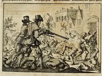 An illustration from Joh. Lodew. Gottfrieds Historische kronyck : vervattende een nauwkeurige en volkomene beschrijvingh der aldergedenckwaerdigste geschiedenissen des weerelds, van den aenvangh der scheppingh tot op 't jaer Christi 1576 : in een nette ordre gebragt na de verdeelingh der vier monarchien, en de bondighste jaer-rekeningh : op nieuws vertaeld na den derden vermeerderden druck, met byvoegingh van de historie der Reformatie in Duytschland : en een volkoomen bladwijser aller voornaemste saecken (1698)