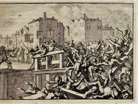 An illustration from Joh. Lodew. Gottfrieds Historische kronyck : vervattende een nauwkeurige en volkomene beschrijvingh der aldergedenckwaerdigste geschiedenissen des weerelds, van den aenvangh der scheppingh tot op 't jaer Christi 1576 : in een nette ordre gebragt na de verdeelingh der vier monarchien, en de bondighste jaer-rekeningh : op nieuws vertaeld na den derden vermeerderden druck, met byvoegingh van de historie der Reformatie in Duytschland : en een volkoomen bladwijser aller voornaemste saecken (1698)