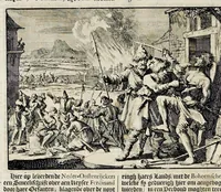 An illustration from Joh. Lodew. Gottfrieds Historische kronyck : vervattende een nauwkeurige en volkomene beschrijvingh der aldergedenckwaerdigste geschiedenissen des weerelds, van den aenvangh der scheppingh tot op 't jaer Christi 1576 : in een nette ordre gebragt na de verdeelingh der vier monarchien, en de bondighste jaer-rekeningh : op nieuws vertaeld na den derden vermeerderden druck, met byvoegingh van de historie der Reformatie in Duytschland : en een volkoomen bladwijser aller voornaemste saecken (1698)