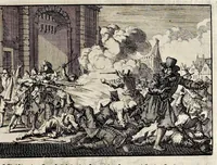 An illustration from Joh. Lodew. Gottfrieds Historische kronyck : vervattende een nauwkeurige en volkomene beschrijvingh der aldergedenckwaerdigste geschiedenissen des weerelds, van den aenvangh der scheppingh tot op 't jaer Christi 1576 : in een nette ordre gebragt na de verdeelingh der vier monarchien, en de bondighste jaer-rekeningh : op nieuws vertaeld na den derden vermeerderden druck, met byvoegingh van de historie der Reformatie in Duytschland : en een volkoomen bladwijser aller voornaemste saecken (1698)