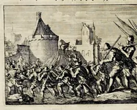 An illustration from Joh. Lodew. Gottfrieds Historische kronyck : vervattende een nauwkeurige en volkomene beschrijvingh der aldergedenckwaerdigste geschiedenissen des weerelds, van den aenvangh der scheppingh tot op 't jaer Christi 1576 : in een nette ordre gebragt na de verdeelingh der vier monarchien, en de bondighste jaer-rekeningh : op nieuws vertaeld na den derden vermeerderden druck, met byvoegingh van de historie der Reformatie in Duytschland : en een volkoomen bladwijser aller voornaemste saecken (1698)
