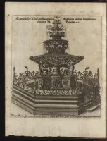 An illustration from Beschreibung des ganzen Fürstlich Braunschw. Gartens zu Hessem : mit seinen künstliche[n] Abteihlungen, Qvartiren, Gehegken, Gebeüden, LauberHütten, WasserKünsten, Brunnen und ausgehawenen Bildern : auch ordentliche Specification aller derer Simplicium und Gewechse, so von A[nn]o 1607 bis in dass 1651. Jahr, darinnen ... gezeuget worden : worbeij ein nohtwendiger Unterricht, wie ein feiner Lust-, Obst- und Küchengarte anzulegen ... : uber das eine gute Anleitung wie man allerleij sonderliche GärtenGewächse in der Küchen vielfältig nutzen solle : und was für feine Simplicia in den benachbarten Wäldern, Bergen, Gründen, Brüchen und auf den Hügeln in der See zu finden, und auf zu heben seÿn (1653)