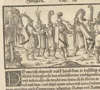 An illustration from Der Hungern Chronica : inhaltend wie sie anfenklich ins land kommen sind mit anzeygung aller irer König und was sie namhafftigs gethon haben : angefangen von ersten König Athila vñ volfüret biss auff König Ludwig so im 1526. Jar bey Mohatz vom Türcken vmbkommen ist (1534)