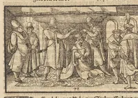 An illustration from Der Hungern Chronica : inhaltend wie sie anfenklich ins land kommen sind mit anzeygung aller irer König und was sie namhafftigs gethon haben : angefangen von ersten König Athila vñ volfüret biss auff König Ludwig so im 1526. Jar bey Mohatz vom Türcken vmbkommen ist (1534)