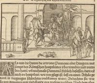 An illustration from Der Hungern Chronica : inhaltend wie sie anfenklich ins land kommen sind mit anzeygung aller irer König und was sie namhafftigs gethon haben : angefangen von ersten König Athila vñ volfüret biss auff König Ludwig so im 1526. Jar bey Mohatz vom Türcken vmbkommen ist (1534)