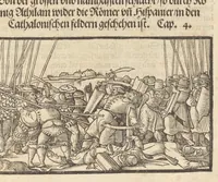 An illustration from Der Hungern Chronica : inhaltend wie sie anfenklich ins land kommen sind mit anzeygung aller irer König und was sie namhafftigs gethon haben : angefangen von ersten König Athila vñ volfüret biss auff König Ludwig so im 1526. Jar bey Mohatz vom Türcken vmbkommen ist (1534)