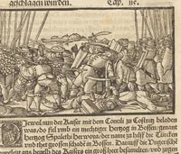 An illustration from Der Hungern Chronica : inhaltend wie sie anfenklich ins land kommen sind mit anzeygung aller irer König und was sie namhafftigs gethon haben : angefangen von ersten König Athila vñ volfüret biss auff König Ludwig so im 1526. Jar bey Mohatz vom Türcken vmbkommen ist (1534)