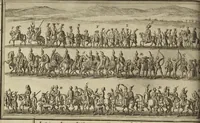 An illustration from Atlas historique, ou, Nouvelle introduction a l'histoire, à la chronologie & à la géographie ancienne & moderne : représentée dans de nouvelles cartes, où l'on remarque l'établissement des etats & empires du monde, leur durée, leur chûte, & leurs differens gouvernemens : la chronologie des consuls romains, des Papes, de empereurs, des rois & des princes, &c. qui ont été depuis le commencement du monde, jusqu'à présent : et la génealogie des maisons souveraines de l'Europe. (1720)