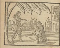 An illustration from Gulden-spiegel, ofte opweckinge tot christelyke deugden : afgedeelt in twee deelen : waer in vertoond werd de schadelyckheyt der sonden, mitsgaders de goetheyt en weldaden Gods over den boetvaerdigen, tot leeringe en stichtinge alle christenen toe-gepast : noch is hier by gevoegt Thamars ontschaking, of de verdoolde liefde van Amnon : als mede de vermaeckelyke bruylofts-kroon, doorgevlochten met verscheyde leersame gedichten, vermakelijke bruylofts- en aendachtige liedekens : voorgestelt op de vier getyden van den dagh (1708)
