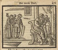 An illustration from Gulden-spiegel, ofte opweckinge tot christelyke deugden : afgedeelt in twee deelen : waer in vertoond werd de schadelyckheyt der sonden, mitsgaders de goetheyt en weldaden Gods over den boetvaerdigen, tot leeringe en stichtinge alle christenen toe-gepast : noch is hier by gevoegt Thamars ontschaking, of de verdoolde liefde van Amnon : als mede de vermaeckelyke bruylofts-kroon, doorgevlochten met verscheyde leersame gedichten, vermakelijke bruylofts- en aendachtige liedekens : voorgestelt op de vier getyden van den dagh (1708)